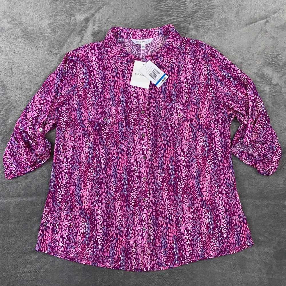 EMILY‎ DANIELS Women XL Multi Dot Sequence 3/4 Sleeve Tab Button Down Shirt Top